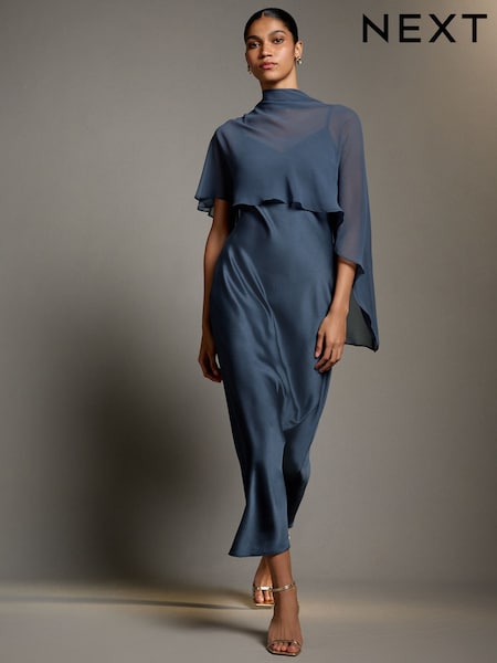 Petrol Blue - Asymetric Sheer Cape Textured Satin Midi Dress