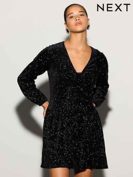 블랙 - Long Sleeve Sequin V-neck Mini Dress