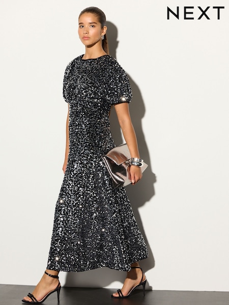 Silver Sequin - Puff Sleeve Velvet Midi Dress