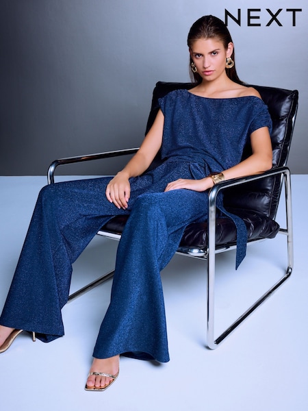 Navy Blue - Off Shoulder Asymetric Tie Waist Sparkle Jersey Jumpsuit