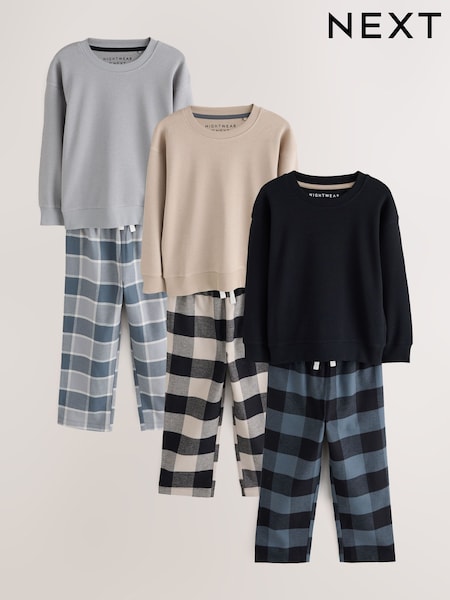 Black/Stone/Grey - Woven Check Pyjamas 3 Pack (3-16yrs)