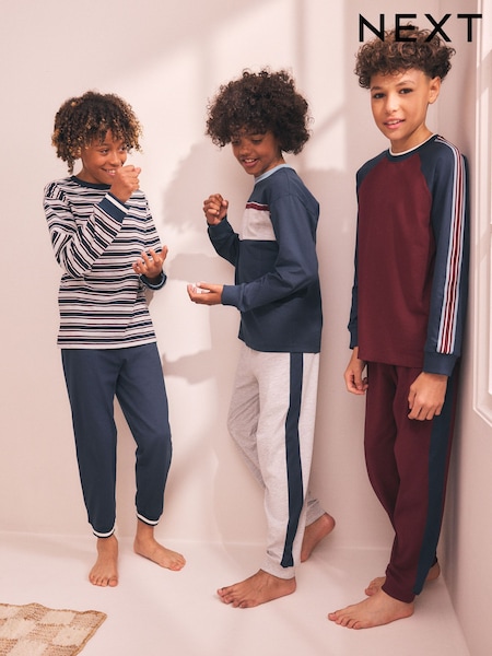 Navy/Burgundy Stripe - Long Sleeve Jogger Pyjamas Set 3 Pack (3-16yrs)