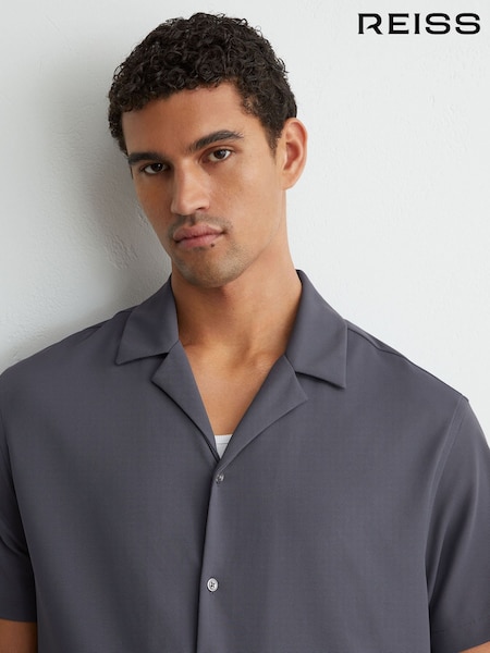 Airforce Blue - Regular Reiss River Stretch Textured Cuban-collar Shirt