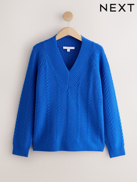 Cobalt Blue - Supersoft Cable Knit V-neck Mid Length Jumper