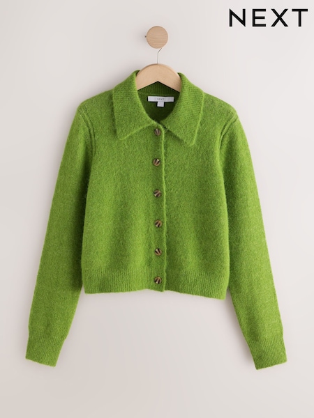 Green - Knitted Collar Cardigan With Wool