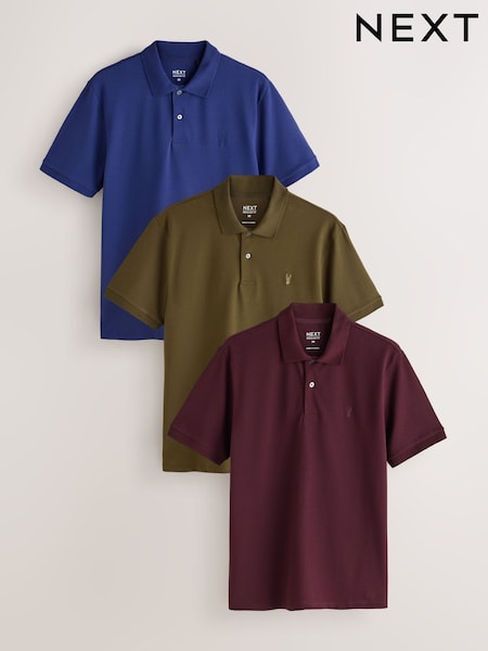 Blue/Fig Purple/Khaki - Regular Short Sleeve Pique Polo Shirts 3 Pack