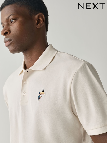 Ecru White Guinness - Regular Fit Embroidered Pique Polo Shirt