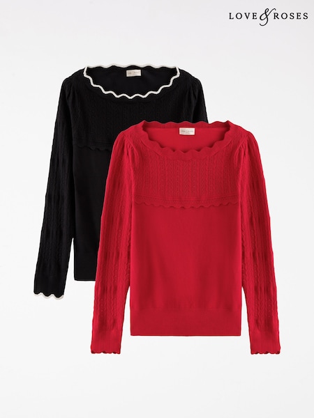 Red And Black - Love & Roses X2 Scalloped Boat Neck Long Sleeve Knitted Top