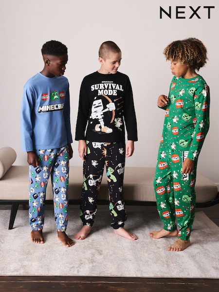 Blue/Green/Grey - Minecraft Long Sleeve Jogger Pyjamas 3 Pack (5-16yrs)
