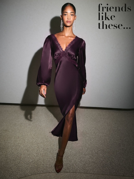 Aubergine Purple - Friends Like These Long Sleeve Lace Insert Satin Midi Dress