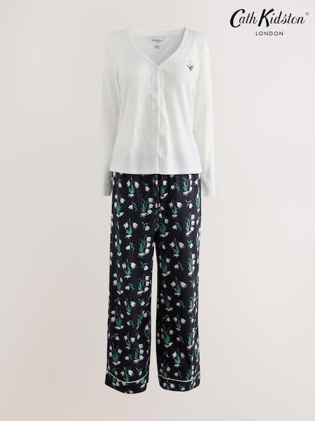 Ecru/Navy Snowdrop Print - Cath Kidston Pointelle Long Sleeve Pyjamas Set