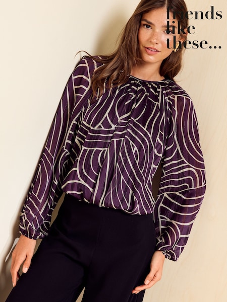 Purple Printed - Friends Like These Long Sleeve Chiffon Floaty Blouse