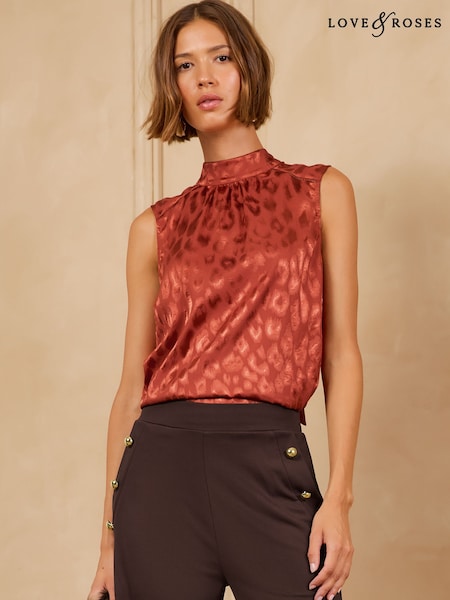 Rust Brown - Love & Roses Animal Print Satin Jaqcuard Tie Neck Sleevess Top
