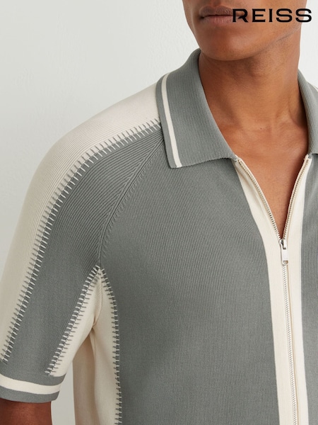 Sage Green/Ecru - Regular Reiss Kenley Colour-block Zip-through Knit Shirt