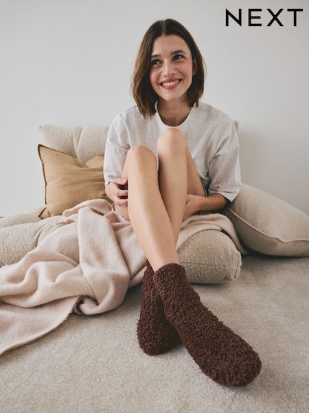 Chocolate Brown/Plum Purple - Teddy Fleece Supersoft Cosy Socks 2 Pack