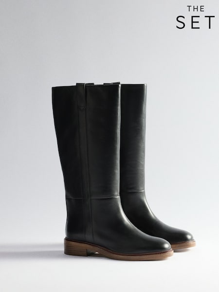 블랙 - The Set Premium Leather Pull On Knee High Riding Boots