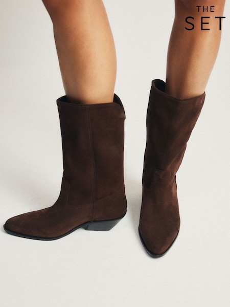 Brown - The Set Premium Suede Western Midi Boots