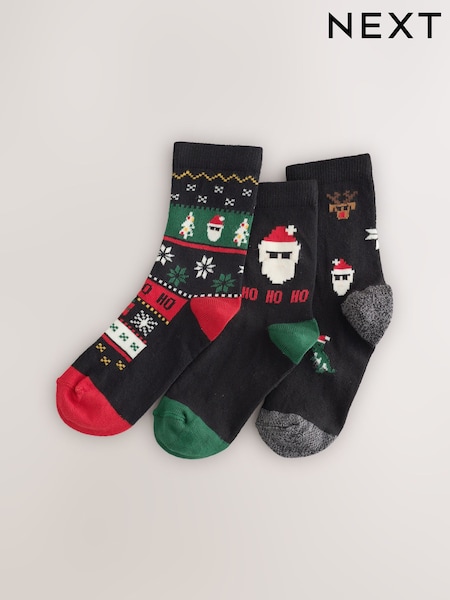 Píxel negro/verde - Pack de 3 pares de calcetines navideños de alto contenido en algodón