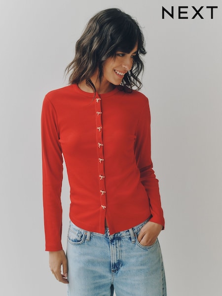Red - Long Sleeve Ribbed Button Up Cardigan