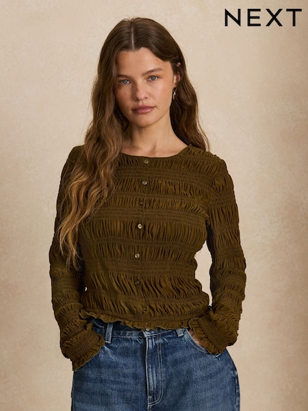 Khaki Green - Long Sleeved Shirred Button Top