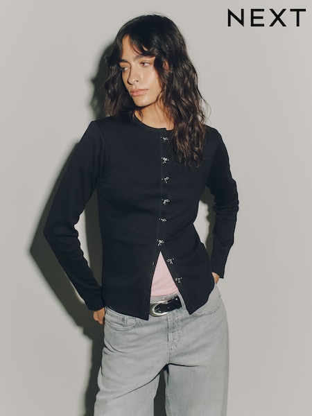 Negru - Long Sleeve Ribbed Button Up Cardigan