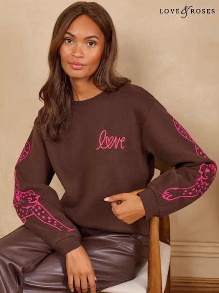 Chocolate Brown - Love & Roses Cheetah Sleeve Jersey Sweatshirt