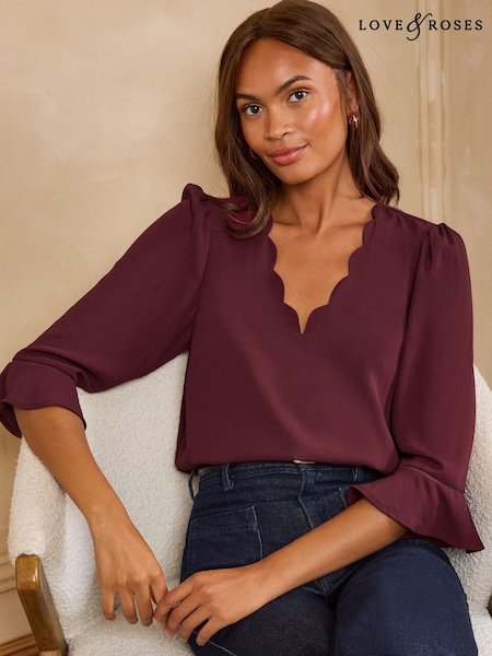Bordeauxrød - Love & Roses Scallop V-neck Flute Sleeve Blouse