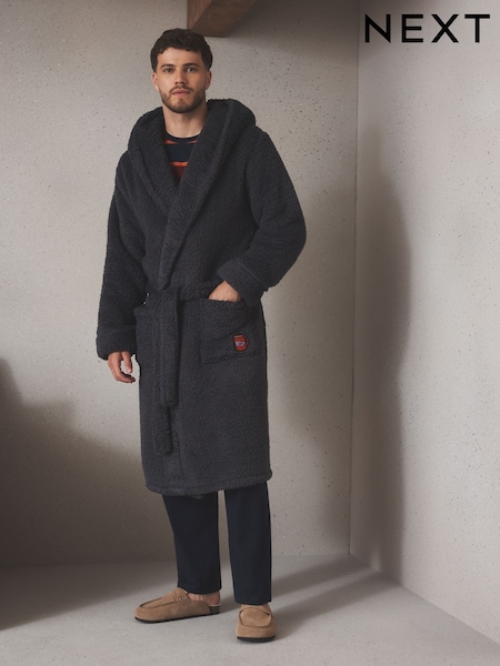 Slate Grey Embroidered - Regular Borg Dressing Gown