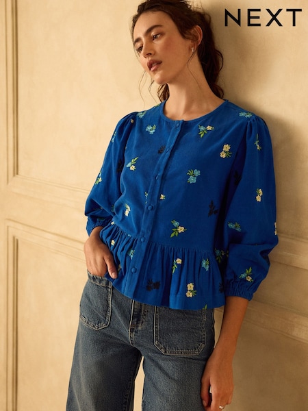 Cobalt Blue - Floral Embroidered Corduroy Peplum Long Sleeve Blouse
