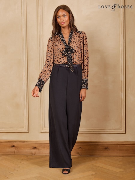 Brown - Love & Roses Contrast Spot Pussybow Jumpsuit