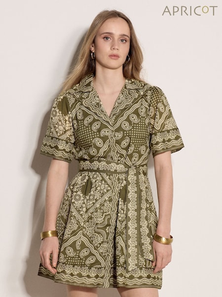 Green - Apricot Scarf Print Shirt Mini Dress