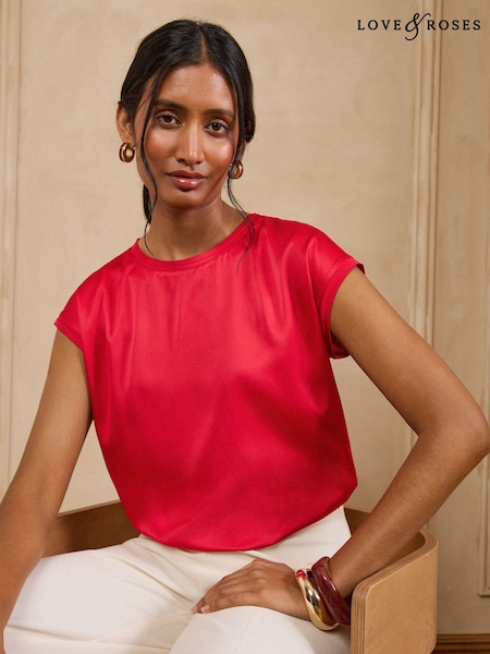 Red - Love & Roses Satin Front Jersey Back T-shirt