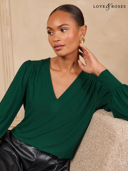 Forest Green - Love & Roses V-neck Jersey Top