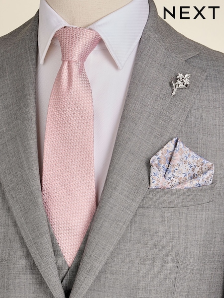 rožnata - Regular 100% Silk Tie Pocket Square And Pin Set