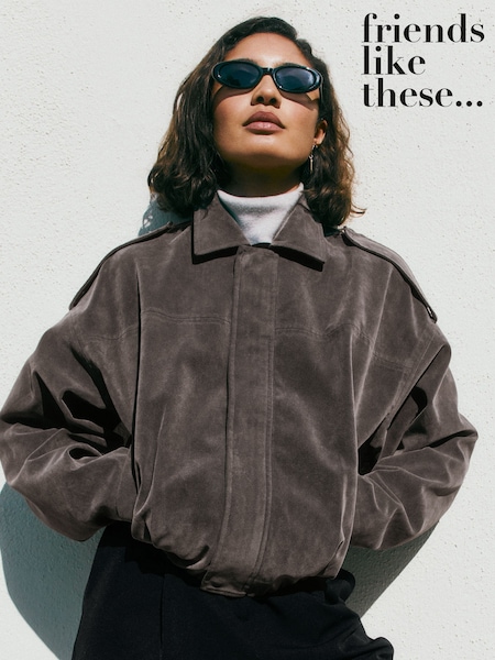 Grey - Friends Like These Faux Suede Oversize Bomber Jacket