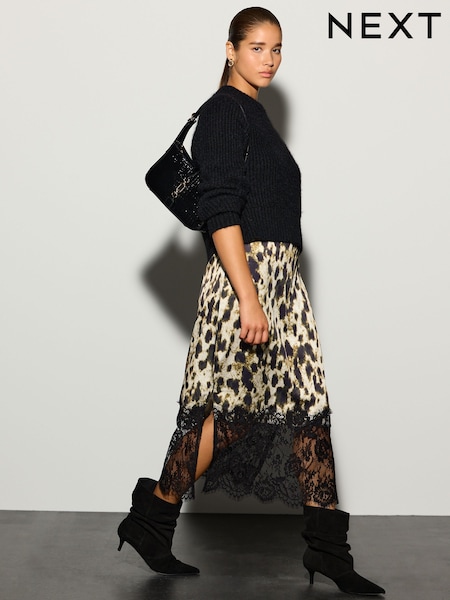 Black/Animal Print - 2 In 1 Jumper Lace Trim Dress