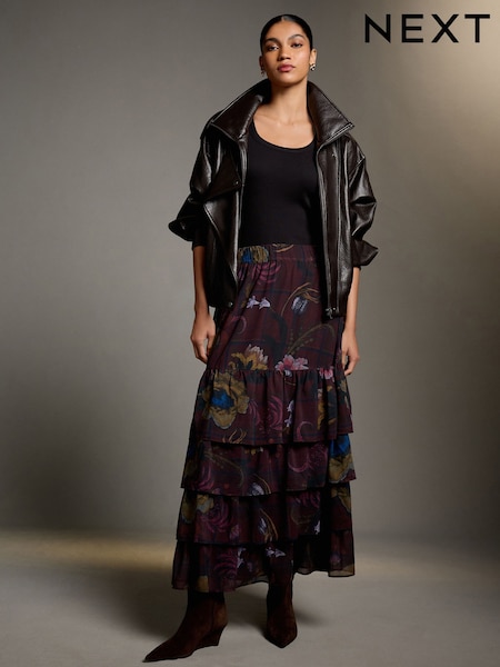 Burgundy Floral - Kew Gardens Collection Ruffle Maxi Skirt