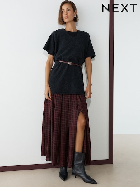 Burgundy Red Check - Pleated Midi Skirt