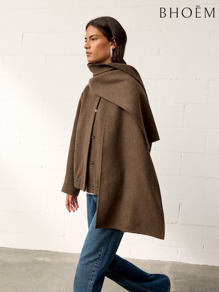 Chestnut Brown - Wool Blend Bomber Short Coat With Removable Scarf