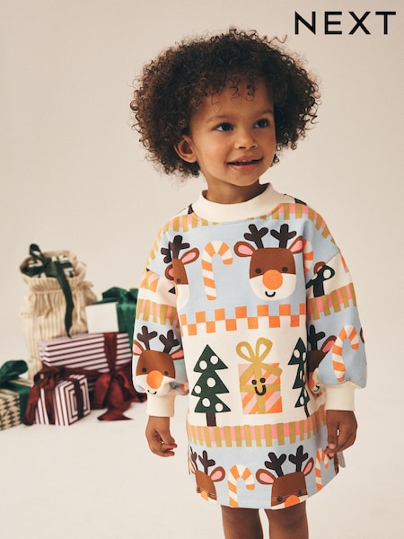 Red/Blue Fairisle Christmas - Langärmliges Sweatshirt-Kleid (3 M.–7 J.)