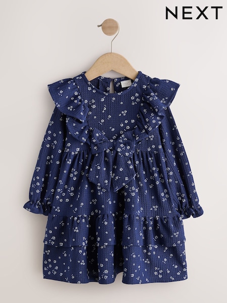 Navy - Long Sleeve Tiered Dress (3mths-7yrs)