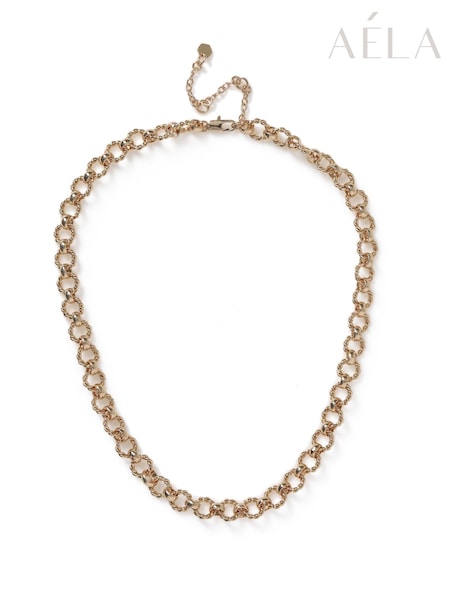 גוון זהוב - Aela Gold Tone Etched Circle Link Chain Necklace