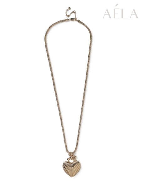 Gold Tone - Aela Gold Tone Etched Heart Long Pendant Necklace