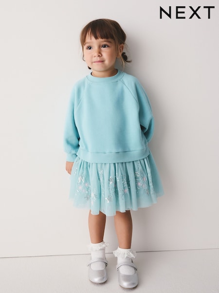 Pale Blue - Long Sleeve Sweat Mesh Dress (3mths-7yrs)