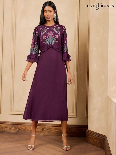 Purple Floral - Love & Roses Embroidered Fluted Sleeve Midi Dress