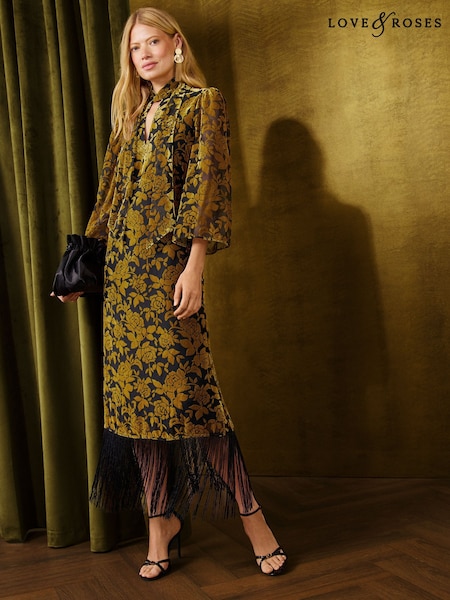 Охра сары - Love & Roses Sleeveless Tie Neck Devore Fringed Midi Dress