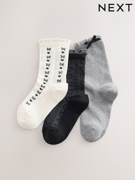 Black, White and Grey - Cotton Rich Bow Ankle Socks 3 Pack