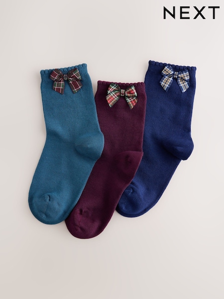 Blue and Plum Red - Cotton Rich Bow Ankle Socks 3 Pack