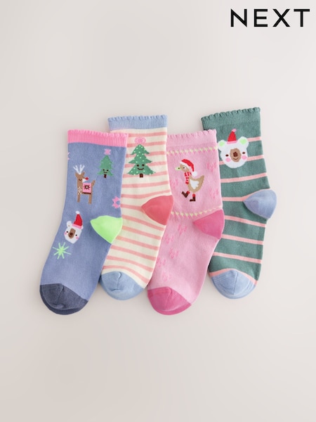 Pink Blue and Green Character - Cotton Rich Christmas Ankle Socks 4 Pack