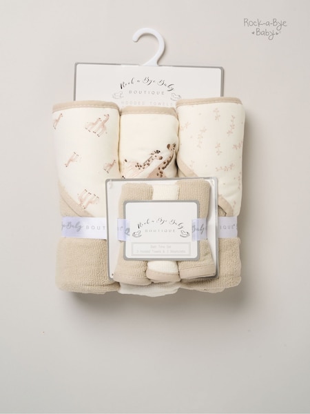 beige - Rock-a-bye Baby Boutique Hooded Towels And Wash Cloth Set 3 Pack